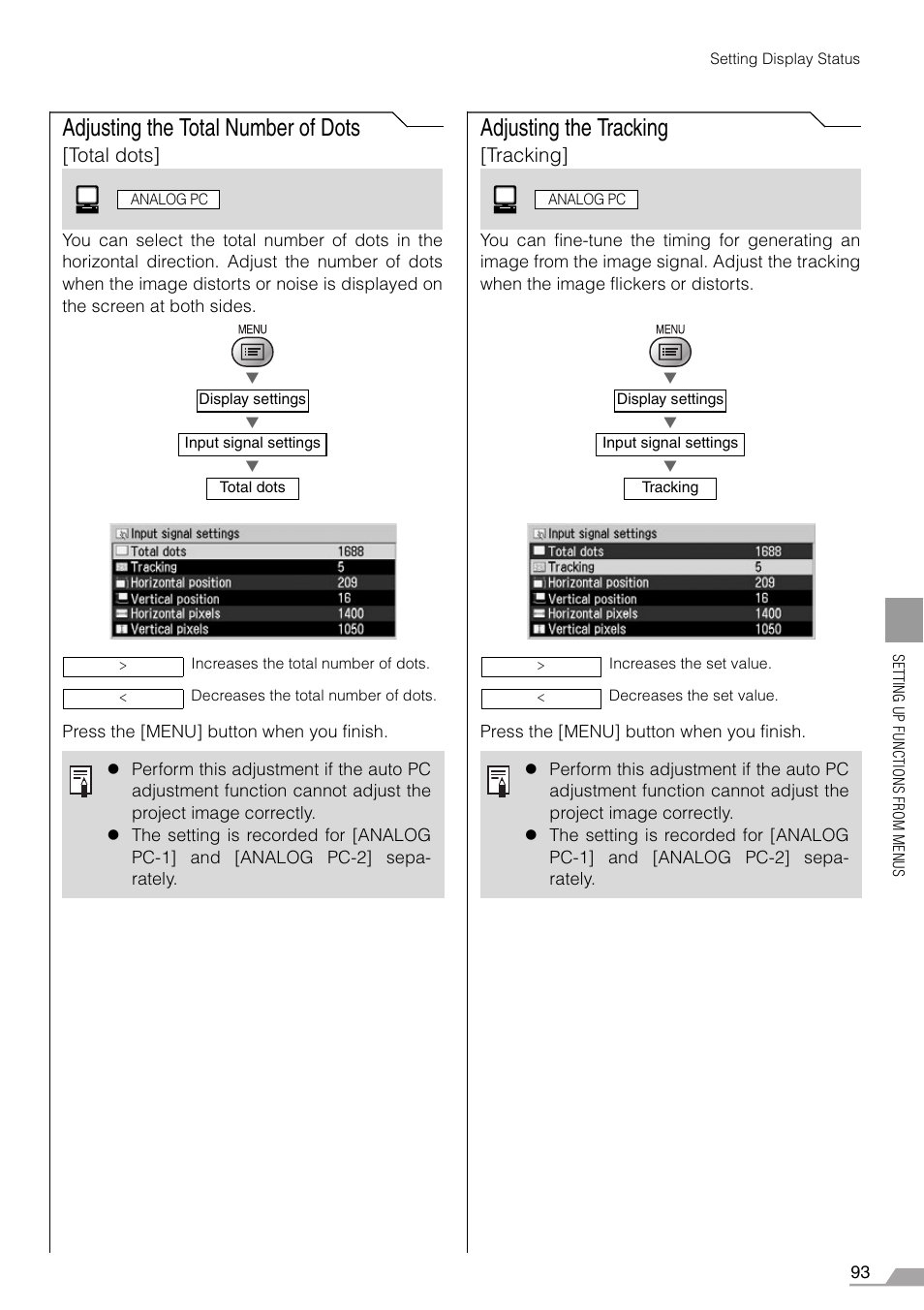 Adjusting the total number of dots, Adjusting the tracking, Total dots | Tracking | Canon REALiS SX60 User Manual | Page 93 / 146