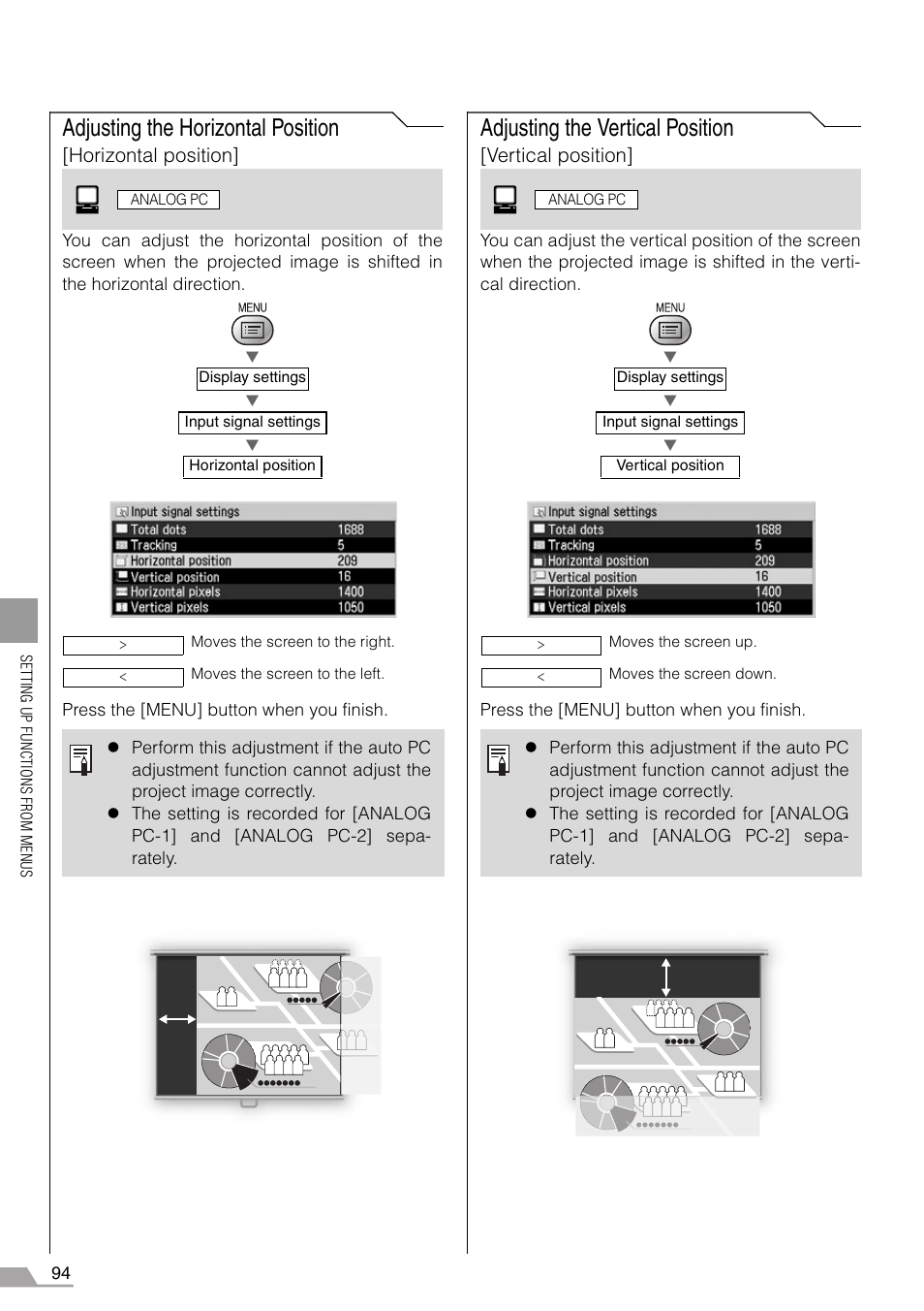 Adjusting the horizontal position, Adjusting the vertical position, Horizontal position | Vertical position | Canon REALiS SX60 User Manual | Page 94 / 146
