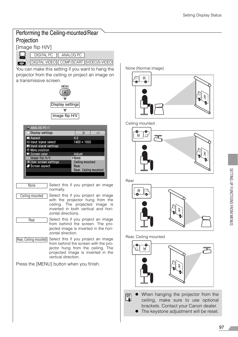 Performing the ceiling-mounted/rear projection, The menu (p97), Image flip h/v | Canon REALiS SX60 User Manual | Page 97 / 146