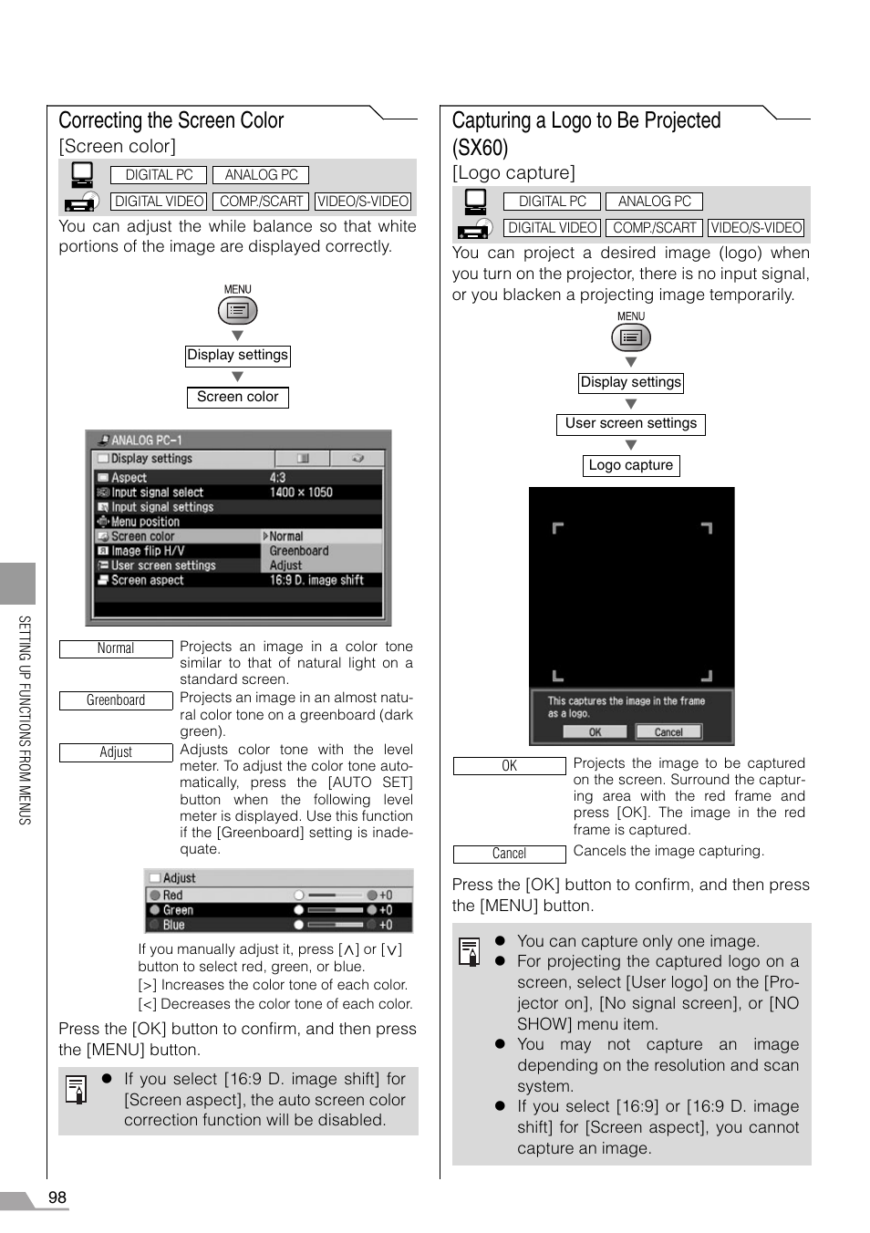 Correcting the screen color, Capturing a logo to be projected (sx60), Screen color | Logo capture | Canon REALiS SX60 User Manual | Page 98 / 146