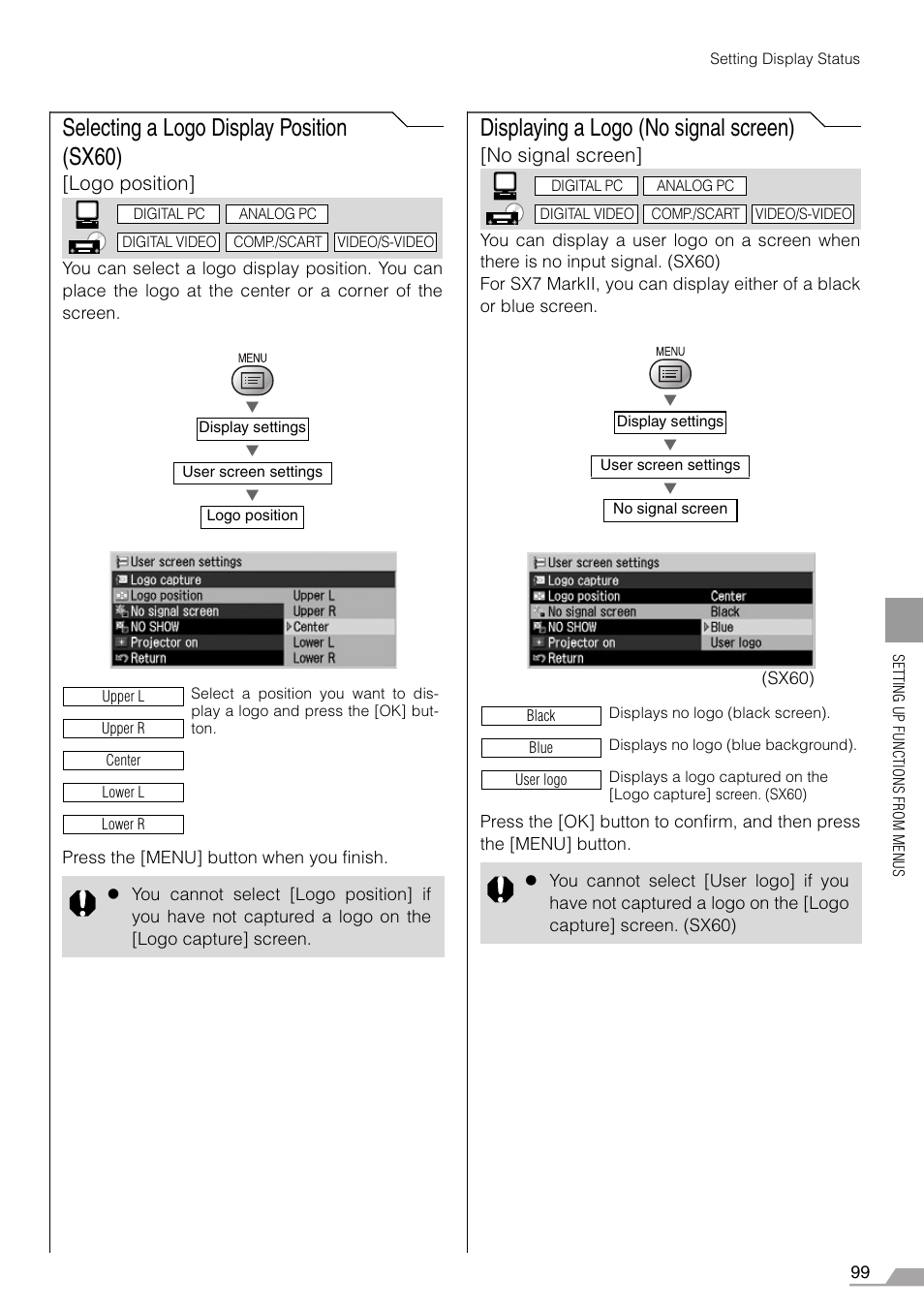 Selecting a logo display position (sx60), Displaying a logo (no signal screen), Logo position | No signal screen | Canon REALiS SX60 User Manual | Page 99 / 146