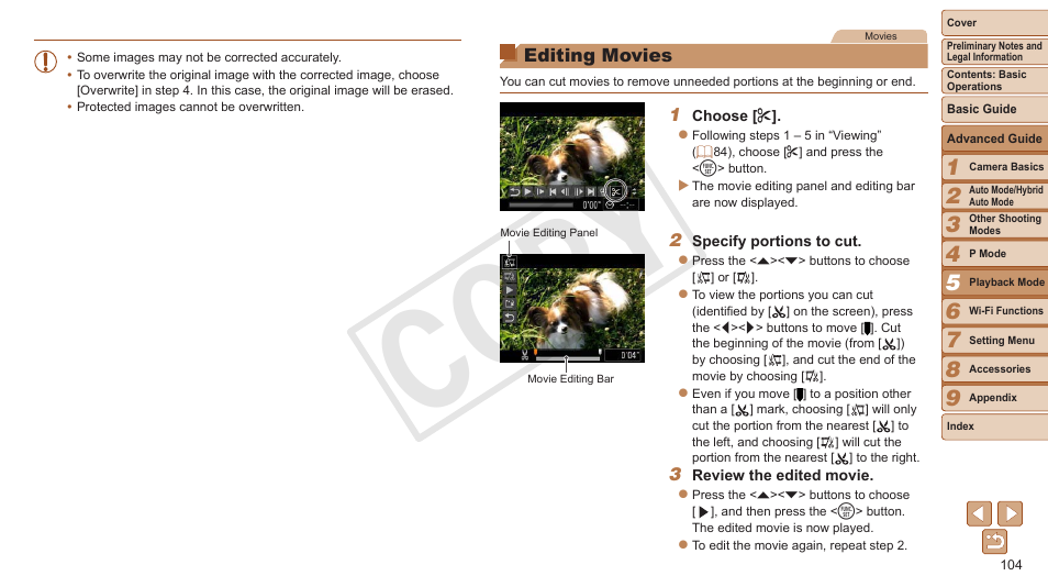 Editing movies, Cop y | Canon PowerShot ELPH 330 HS User Manual | Page 104 / 178