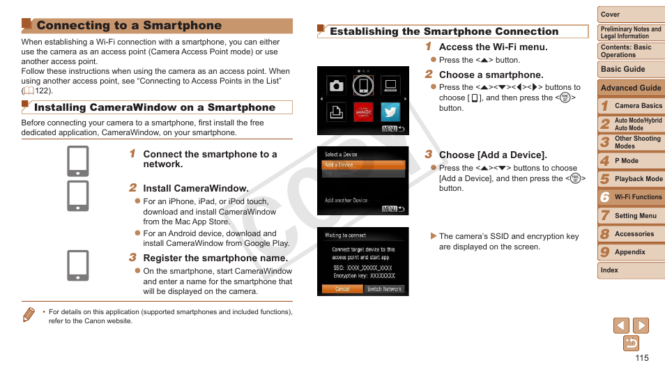 Connecting to a smartphone, Camera via wi-fi, 115), you can | Connecting to, A smartphone, Cop y | Canon PowerShot ELPH 330 HS User Manual | Page 115 / 178