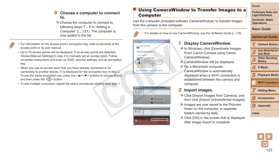 See “using camerawindow to transfer, Images to a computer, Proceed to “using camerawindow | To transfer images to a computer, Cop y | Canon PowerShot ELPH 330 HS User Manual | Page 123 / 178