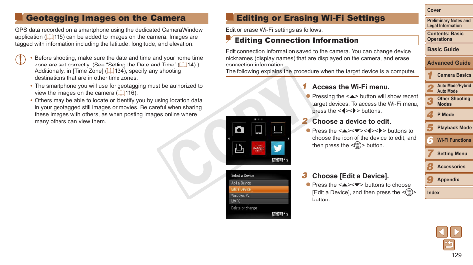 Geotagging images, On the camera, Editing or erasing | Wi-fi settings, Geotagging images on the, Camera, Cop y | Canon PowerShot ELPH 330 HS User Manual | Page 129 / 178