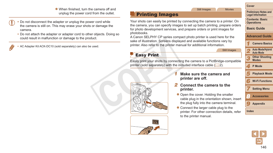 Printing images, Print using printer functions, 146), set for printing individually | Ting images, Cop y | Canon PowerShot ELPH 330 HS User Manual | Page 146 / 178