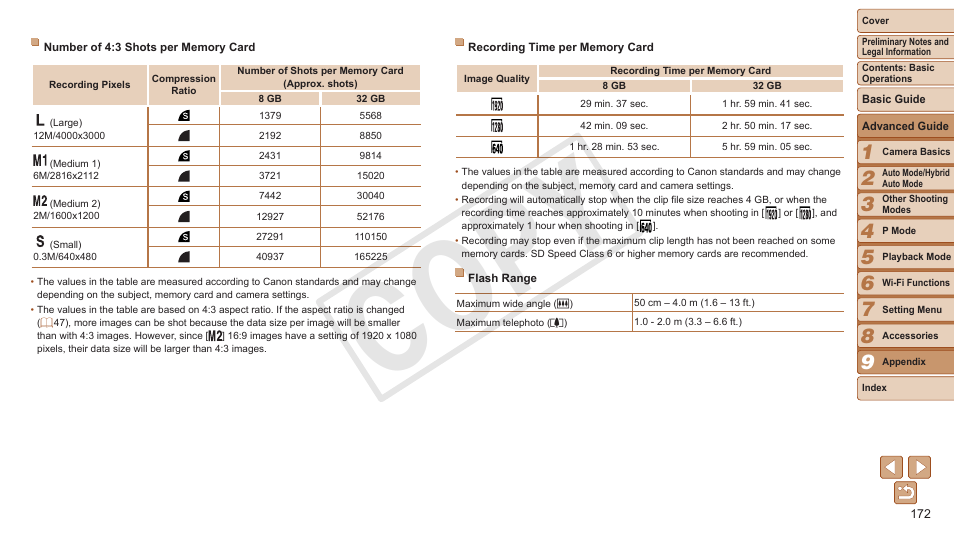 Number of 4:3 shots per memory card, See “recording time per memory card, Flash range | Shoot within flash range, Resolution, Time, Cop y | Canon PowerShot ELPH 330 HS User Manual | Page 172 / 178