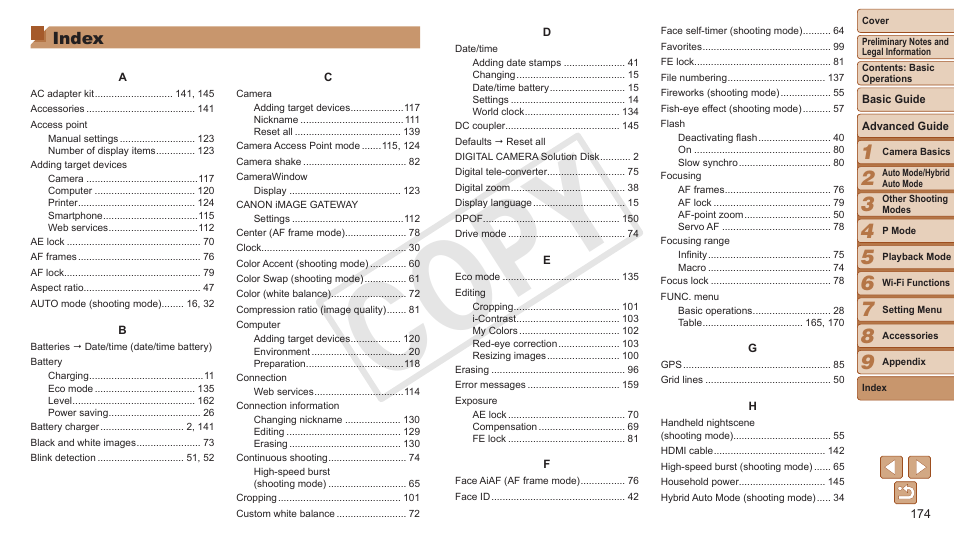 Index, C op y | Canon PowerShot ELPH 330 HS User Manual | Page 174 / 178
