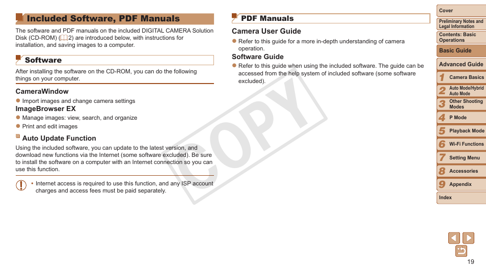 Included software, Pdf manuals, Included software, pdf | Manuals, Cop y | Canon PowerShot ELPH 330 HS User Manual | Page 19 / 178