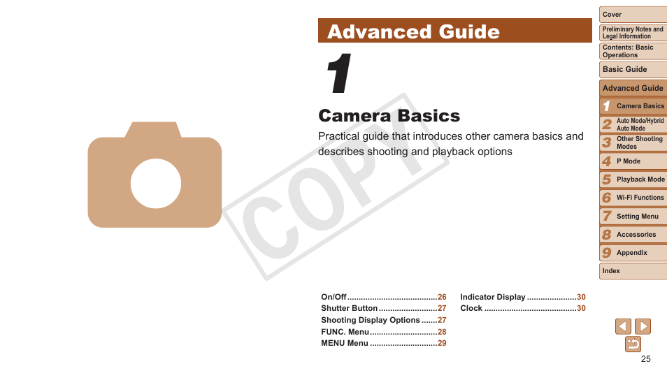 Advanced guide, Camera basics, Cop y | Canon PowerShot ELPH 330 HS User Manual | Page 25 / 178