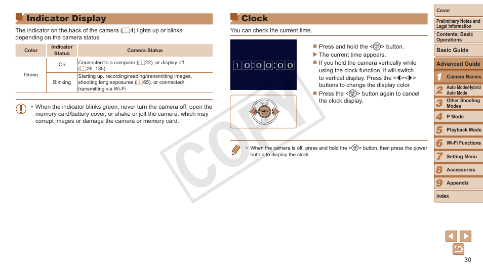Indicator display, Clock, Cop y | Canon PowerShot ELPH 330 HS User Manual | Page 30 / 178