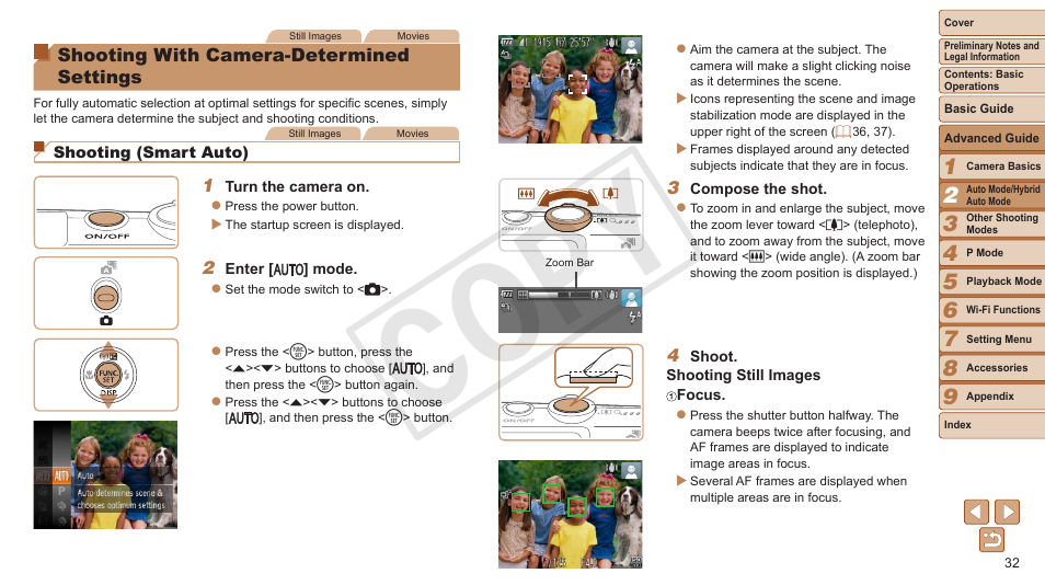 Shooting with camera-determined, Settings, Shooting with camera | Determined settings, Cop y | Canon PowerShot ELPH 330 HS User Manual | Page 32 / 178