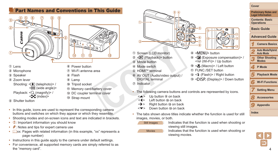 Cop y, Part names and conventions in this guide | Canon PowerShot ELPH 330 HS User Manual | Page 4 / 178