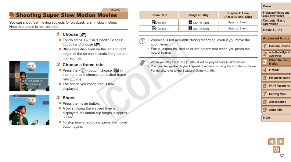 Shooting super slow, Motion movies, Shooting super slow motion | Movies, Cop y | Canon PowerShot ELPH 330 HS User Manual | Page 67 / 178