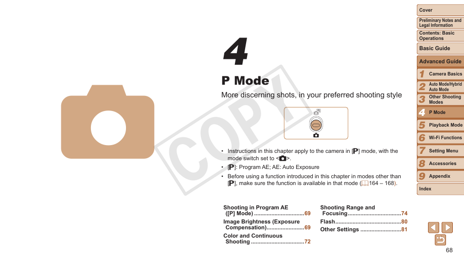 P mode, Mode, 68) if the scene icon does not match | Cop y | Canon PowerShot ELPH 330 HS User Manual | Page 68 / 178