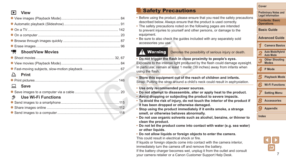 Safety precautions, C op y | Canon PowerShot ELPH 330 HS User Manual | Page 7 / 178