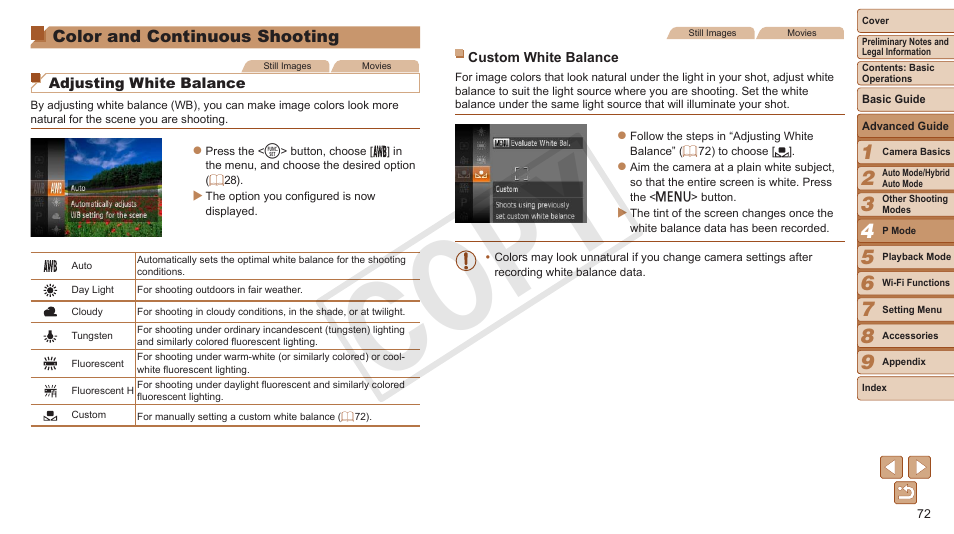 Color and continuous shooting, Color and continuous, Shooting | Cop y | Canon PowerShot ELPH 330 HS User Manual | Page 72 / 178