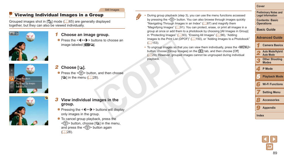 89) and ungrouped, 89) or cancel, 89) first | Cop y | Canon PowerShot ELPH 330 HS User Manual | Page 89 / 178