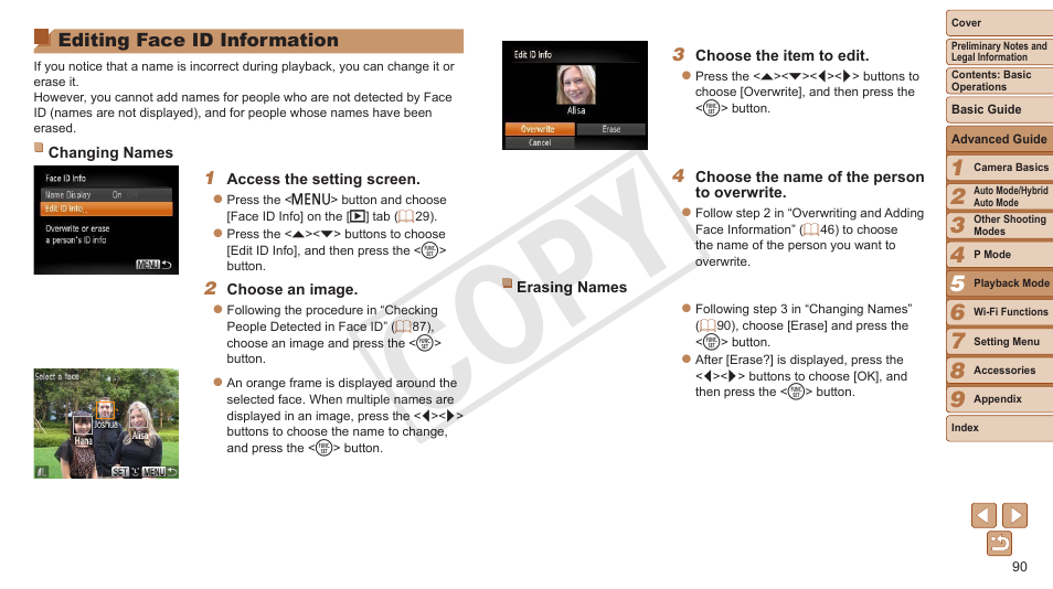 Editing face id information, Playback, 90), or | Cop y | Canon PowerShot ELPH 330 HS User Manual | Page 90 / 178