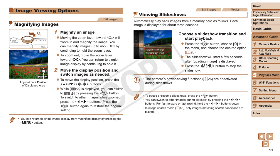 Image viewing options, Iewing slideshows, Magnifying images | Cop y | Canon PowerShot ELPH 330 HS User Manual | Page 91 / 178