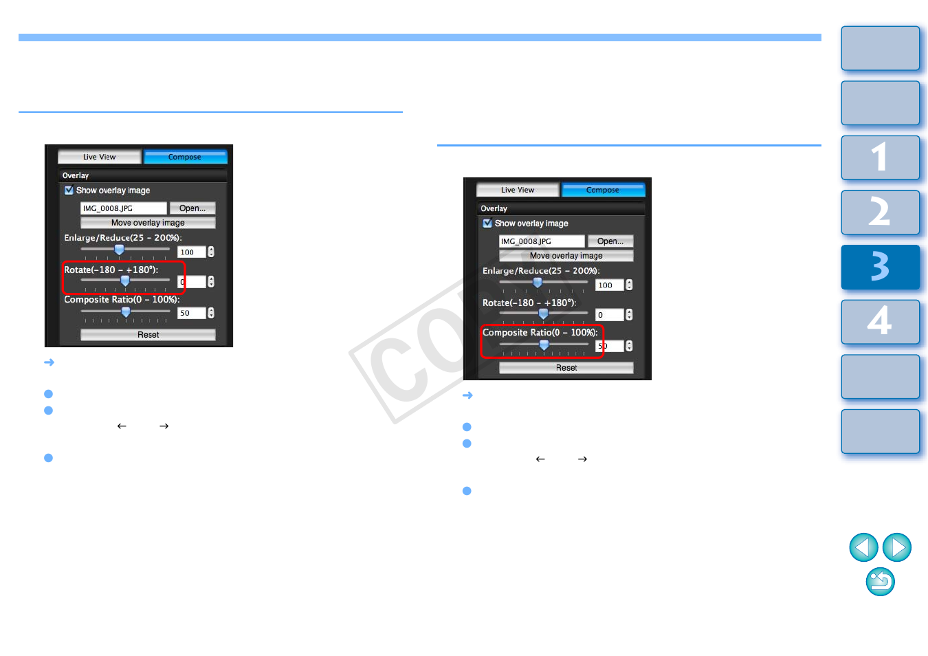 Rotating an overlay image, Setting the composite ratio of an overlay image, P.54) | Cop y | Canon EOS Rebel T5 18-55 IS II Kit User Manual | Page 55 / 110