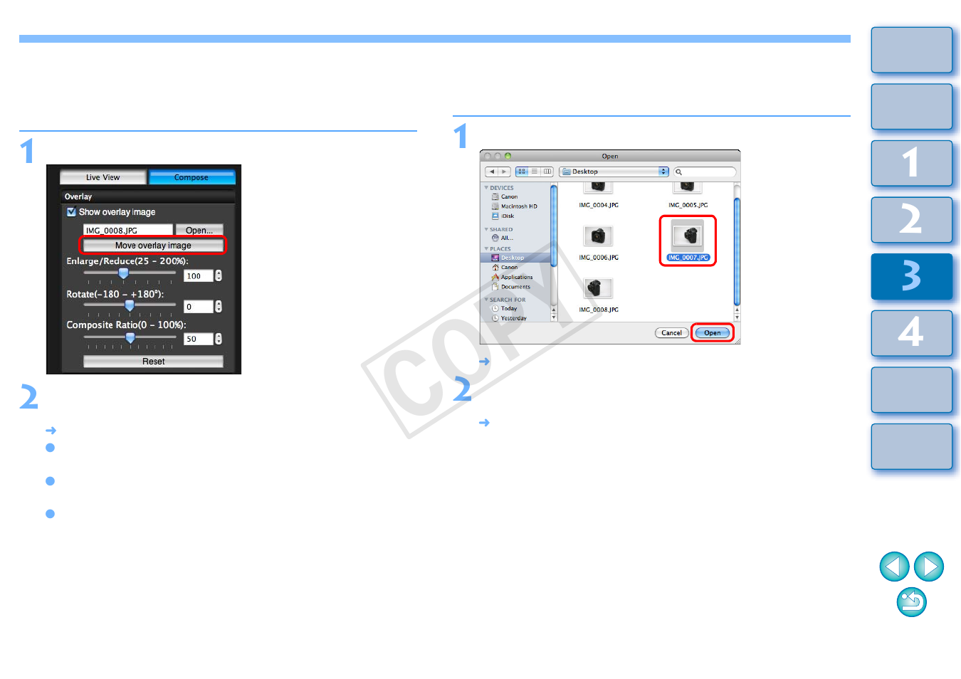 Moving an overlay image, Displaying a different overlay image, Cop y | Canon EOS Rebel T5 18-55 IS II Kit User Manual | Page 56 / 110