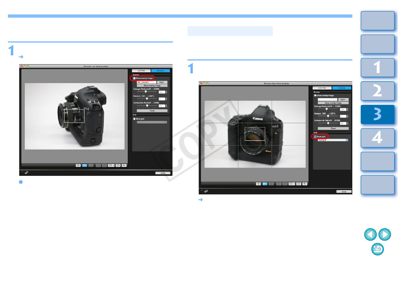 Hiding an overlay image, Displaying grid lines, Cop y | Canon EOS Rebel T5 18-55 IS II Kit User Manual | Page 57 / 110