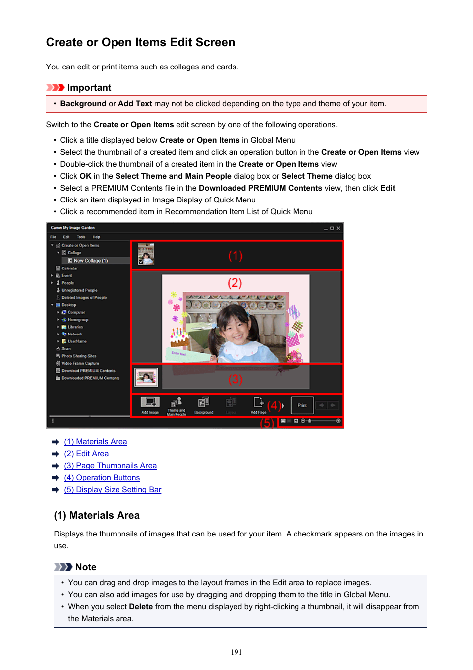 Create or open items edit screen, When you click a title, the view switches to, Create or open items | The view switches to, Double-click a thumbnail to switch to the, Create or, Open items edit screen | Canon PIXMA Pro9000 Mark II User Manual | Page 191 / 303