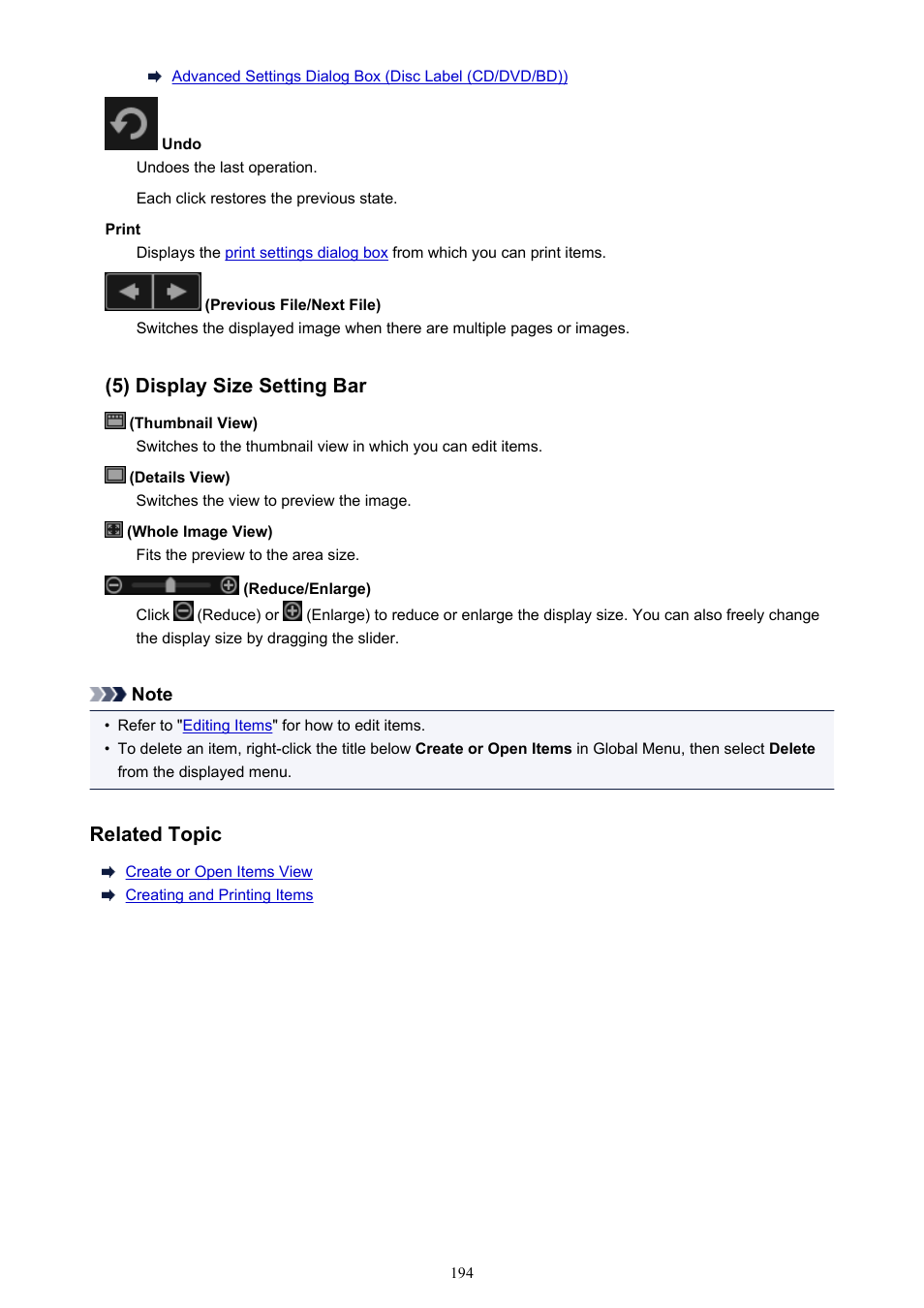 5) display size setting bar, Related topic | Canon PIXMA Pro9000 Mark II User Manual | Page 194 / 303