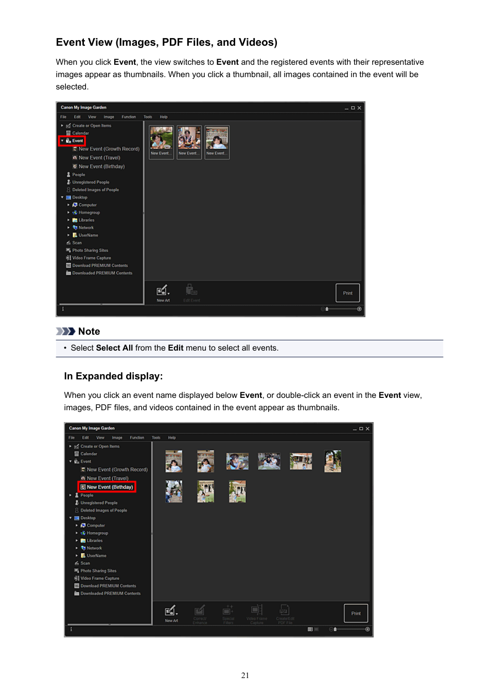 Selecting files of registered events ( event view) | Canon PIXMA Pro9000 Mark II User Manual | Page 21 / 303