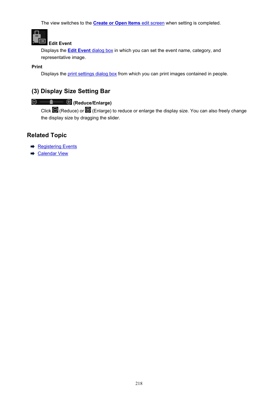 3) display size setting bar, Related topic | Canon PIXMA Pro9000 Mark II User Manual | Page 218 / 303