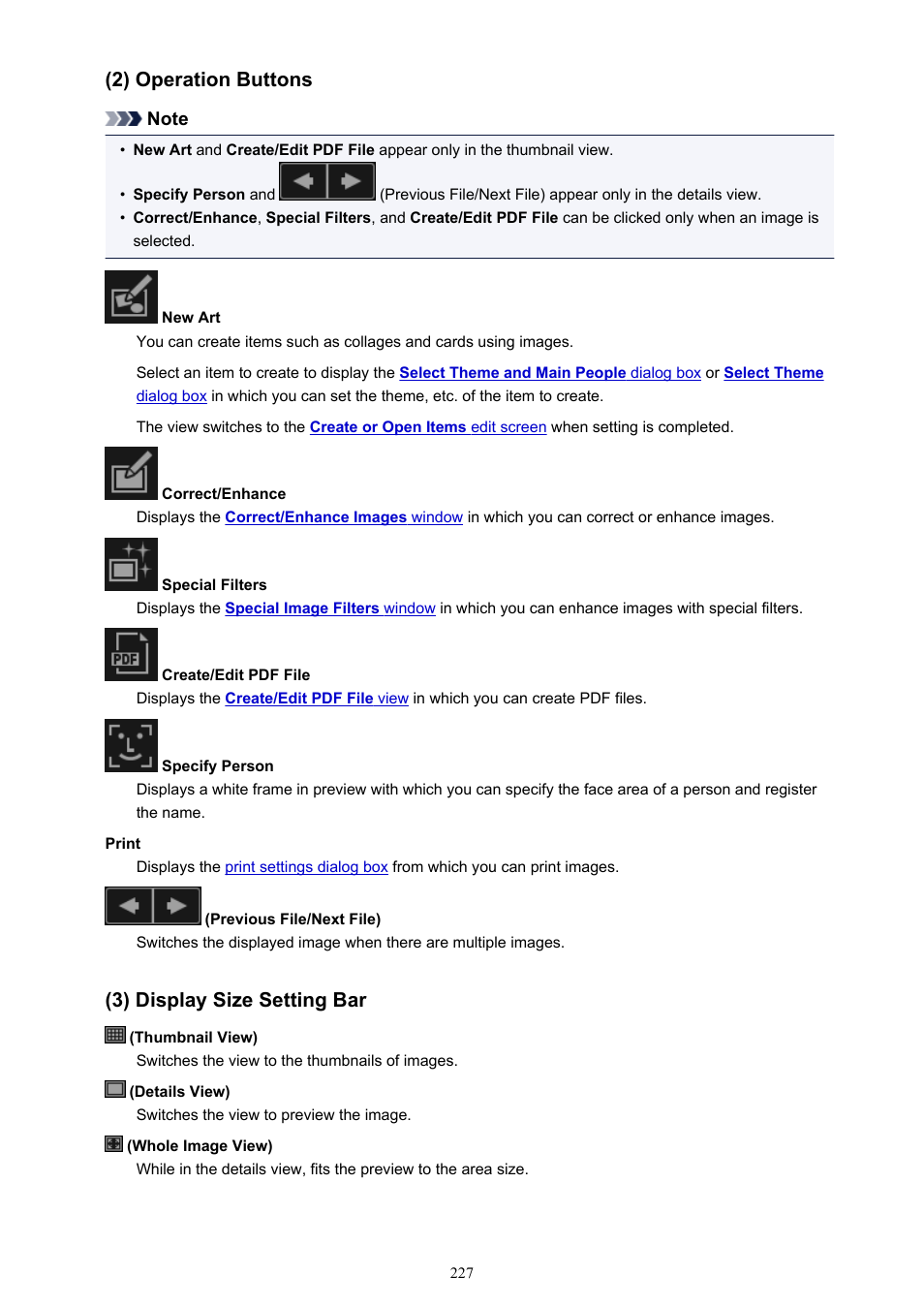 2) operation buttons, 3) display size setting bar | Canon PIXMA Pro9000 Mark II User Manual | Page 227 / 303