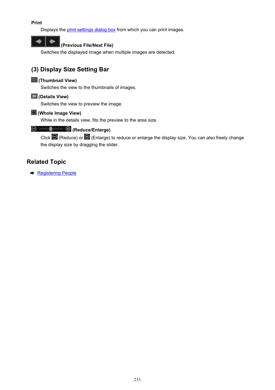 3) display size setting bar, Related topic | Canon PIXMA Pro9000 Mark II User Manual | Page 231 / 303