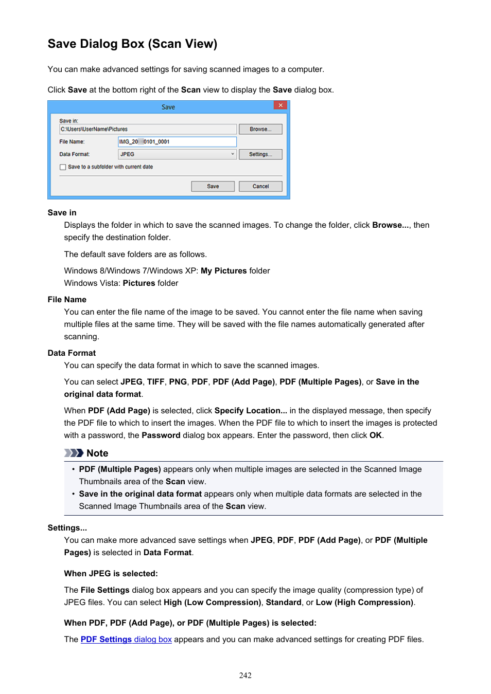 Save dialog box (scan view), Save dialog box, From which you can save the scanned images | Canon PIXMA Pro9000 Mark II User Manual | Page 242 / 303