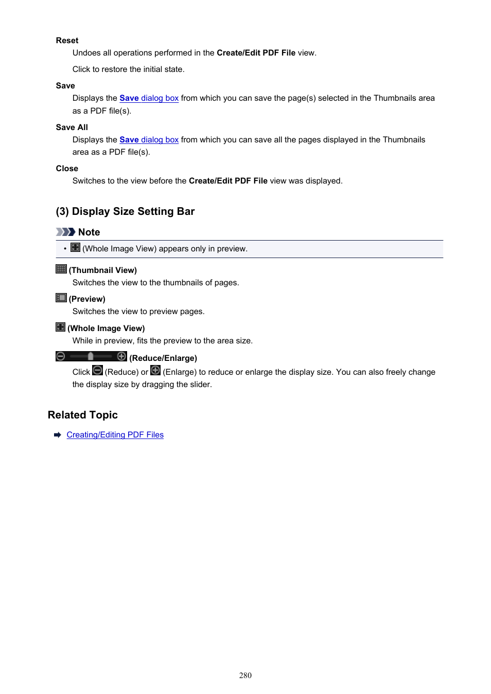 3) display size setting bar, Related topic | Canon PIXMA Pro9000 Mark II User Manual | Page 280 / 303