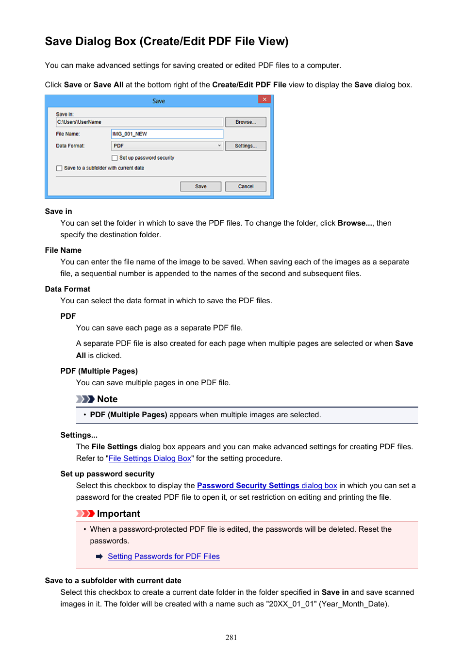 Save dialog box (create/edit pdf file view), Save dialog box | Canon PIXMA Pro9000 Mark II User Manual | Page 281 / 303