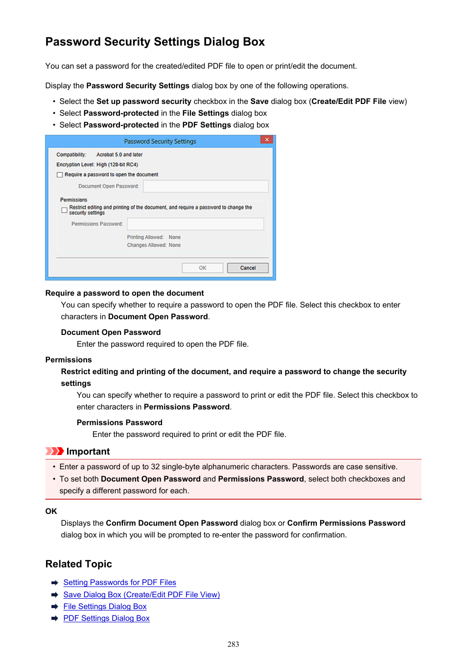 Password security settings dialog box, Select this checkbox to display the | Canon PIXMA Pro9000 Mark II User Manual | Page 283 / 303