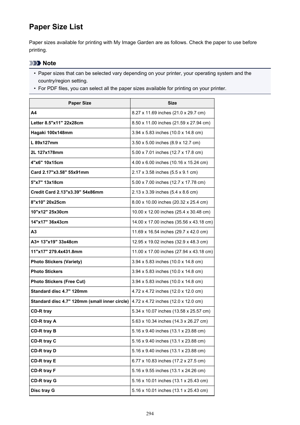 Paper size list | Canon PIXMA Pro9000 Mark II User Manual | Page 294 / 303