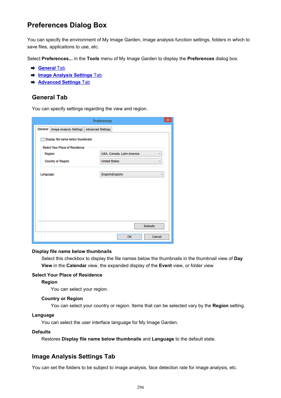 Preferences dialog box, Image analysis settings tab | Canon PIXMA Pro9000 Mark II User Manual | Page 296 / 303