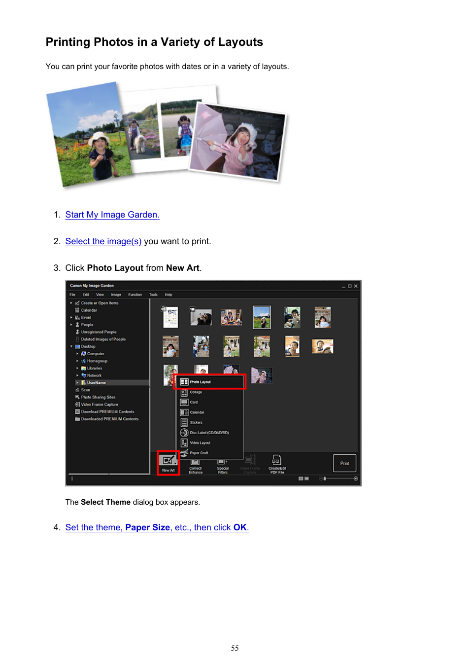 Printing photos in a variety of layouts | Canon PIXMA Pro9000 Mark II User Manual | Page 55 / 303