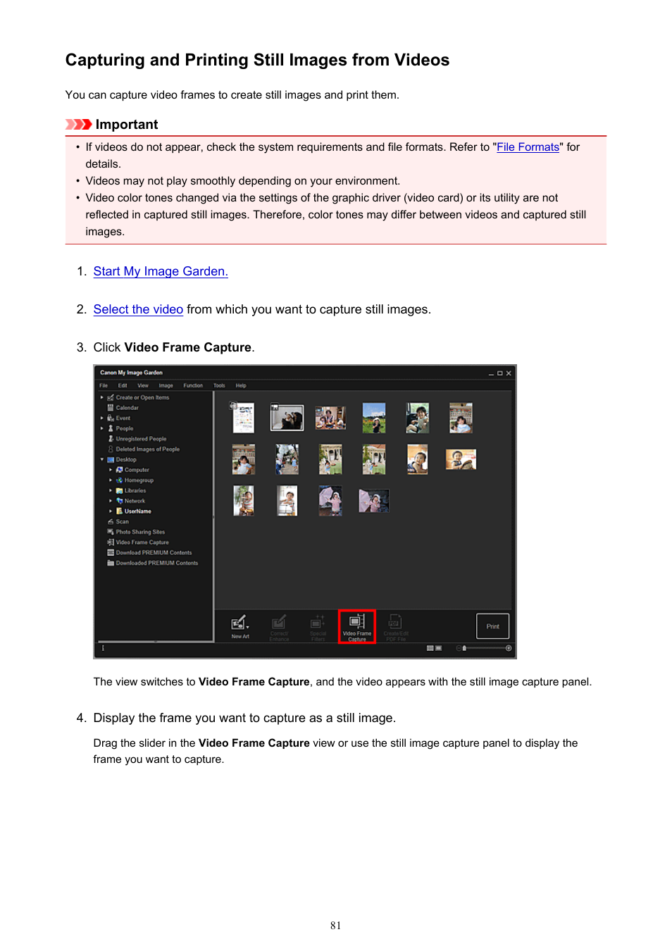 Capturing and printing still images from videos, Refer to, Capturing | And printing still images from videos, For how to capture still images from a video | Canon PIXMA Pro9000 Mark II User Manual | Page 81 / 303