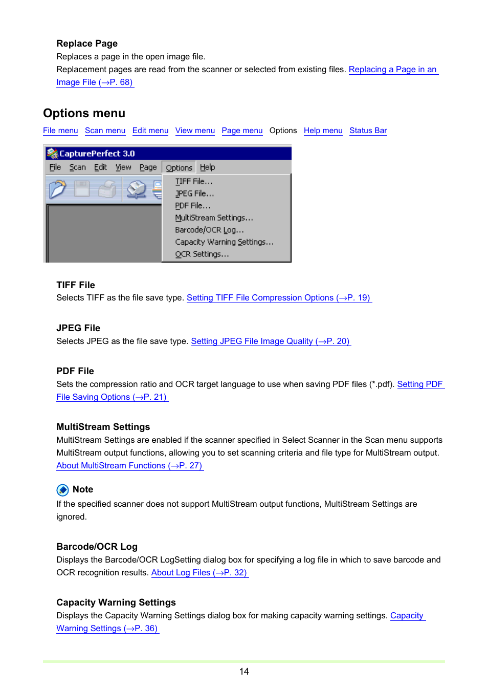 Options menu | Canon imageFORMULA DR-2020U Universal Workgroup Scanner User Manual | Page 14 / 73