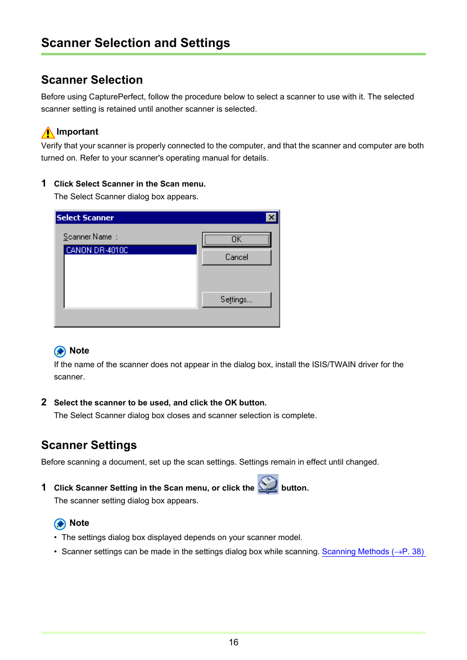 Scanner selection and settings, P. 16), Scanner selection | Scanner settings | Canon imageFORMULA DR-2020U Universal Workgroup Scanner User Manual | Page 16 / 73