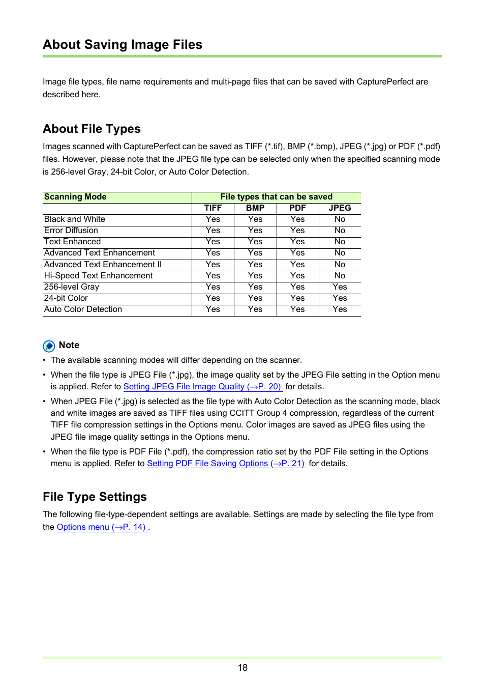 About saving image files, P. 18), About file types | File type settings | Canon imageFORMULA DR-2020U Universal Workgroup Scanner User Manual | Page 18 / 73