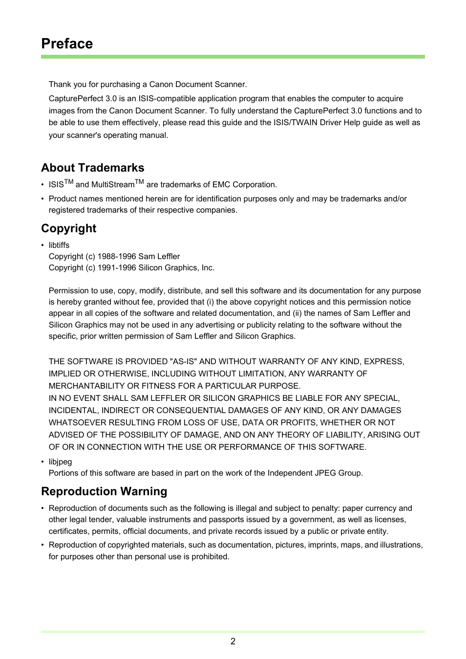 Preface, About trademarks, Copyright | Reproduction warning | Canon imageFORMULA DR-2020U Universal Workgroup Scanner User Manual | Page 2 / 73