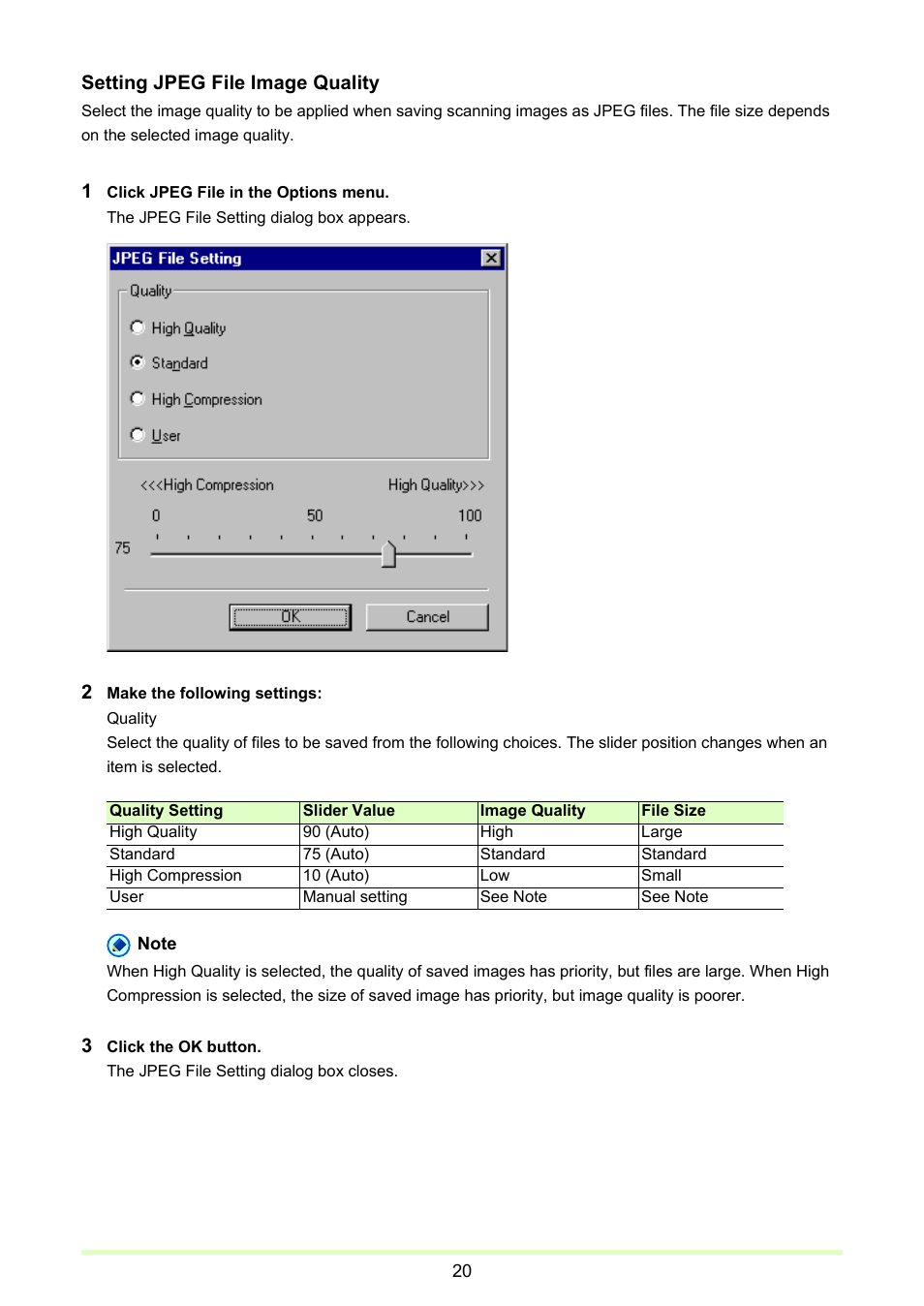 Setting jpeg file image quality, P. 20) | Canon imageFORMULA DR-2020U Universal Workgroup Scanner User Manual | Page 20 / 73