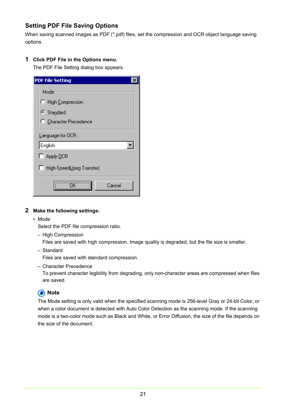 Setting pdf, File saving options, P. 21) | Setting pdf file saving options | Canon imageFORMULA DR-2020U Universal Workgroup Scanner User Manual | Page 21 / 73