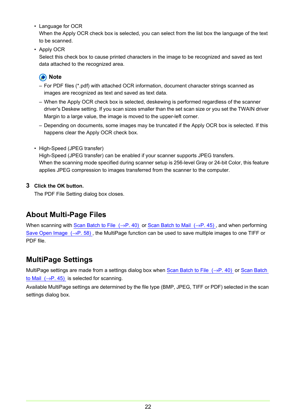 About multi-page files, Multipage settings | Canon imageFORMULA DR-2020U Universal Workgroup Scanner User Manual | Page 22 / 73