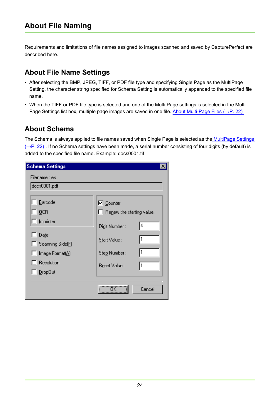 About file naming, P. 24), About schema | About file name settings | Canon imageFORMULA DR-2020U Universal Workgroup Scanner User Manual | Page 24 / 73