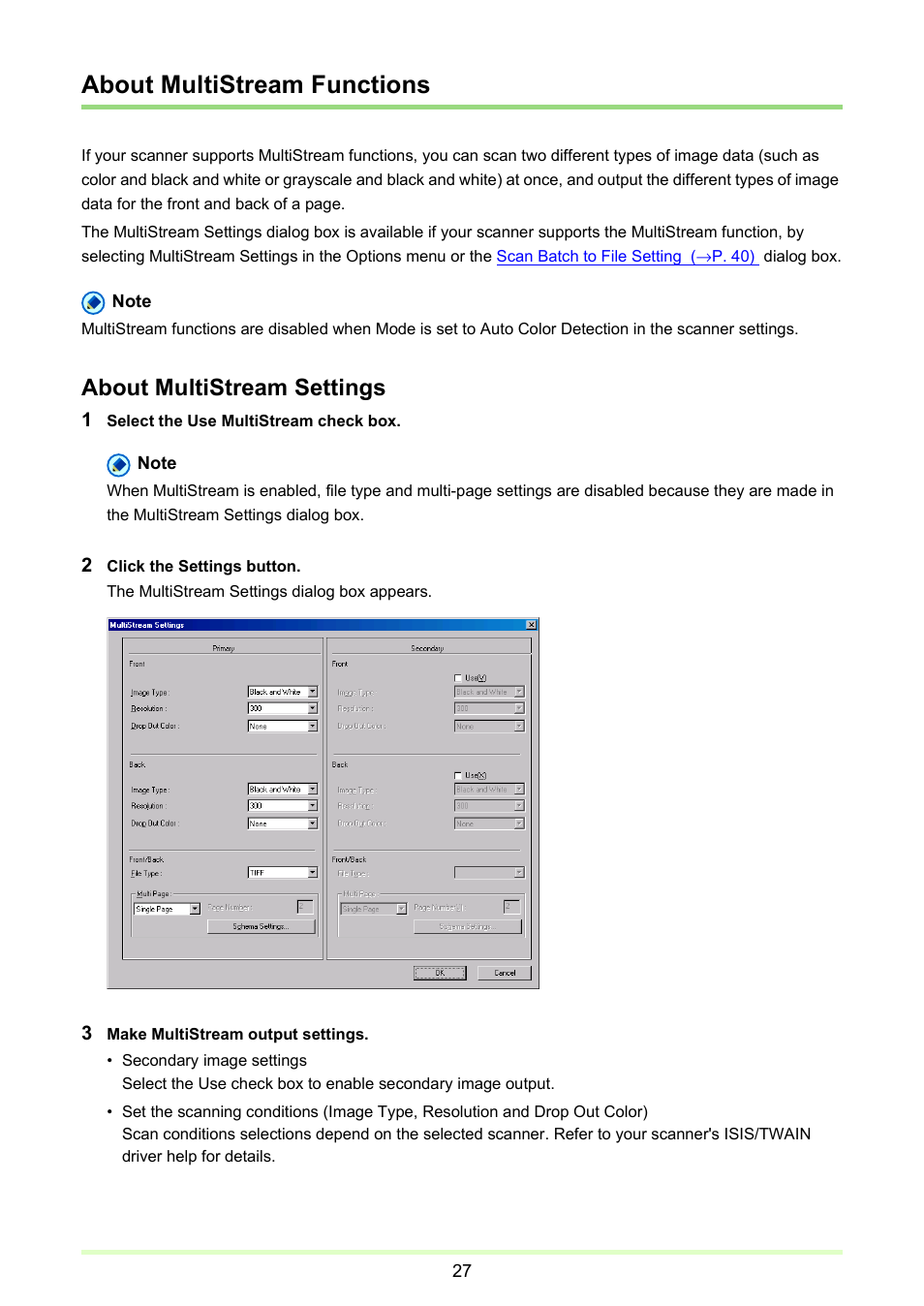 About multistream functions, P. 27), About multistream settings | Canon imageFORMULA DR-2020U Universal Workgroup Scanner User Manual | Page 27 / 73